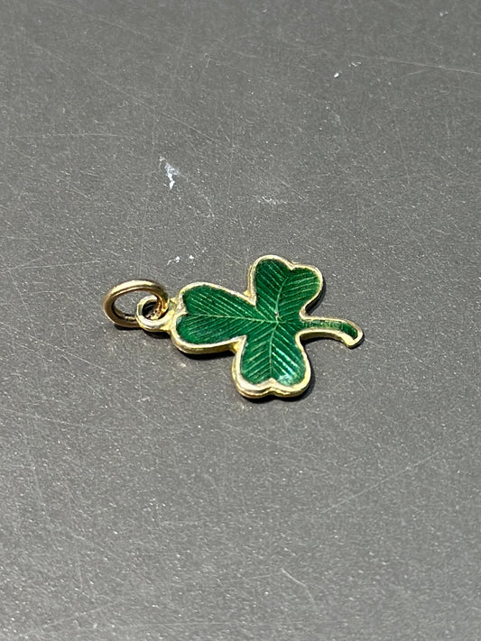 Vintage 14K Gold Green Enamel Three Clover Charm