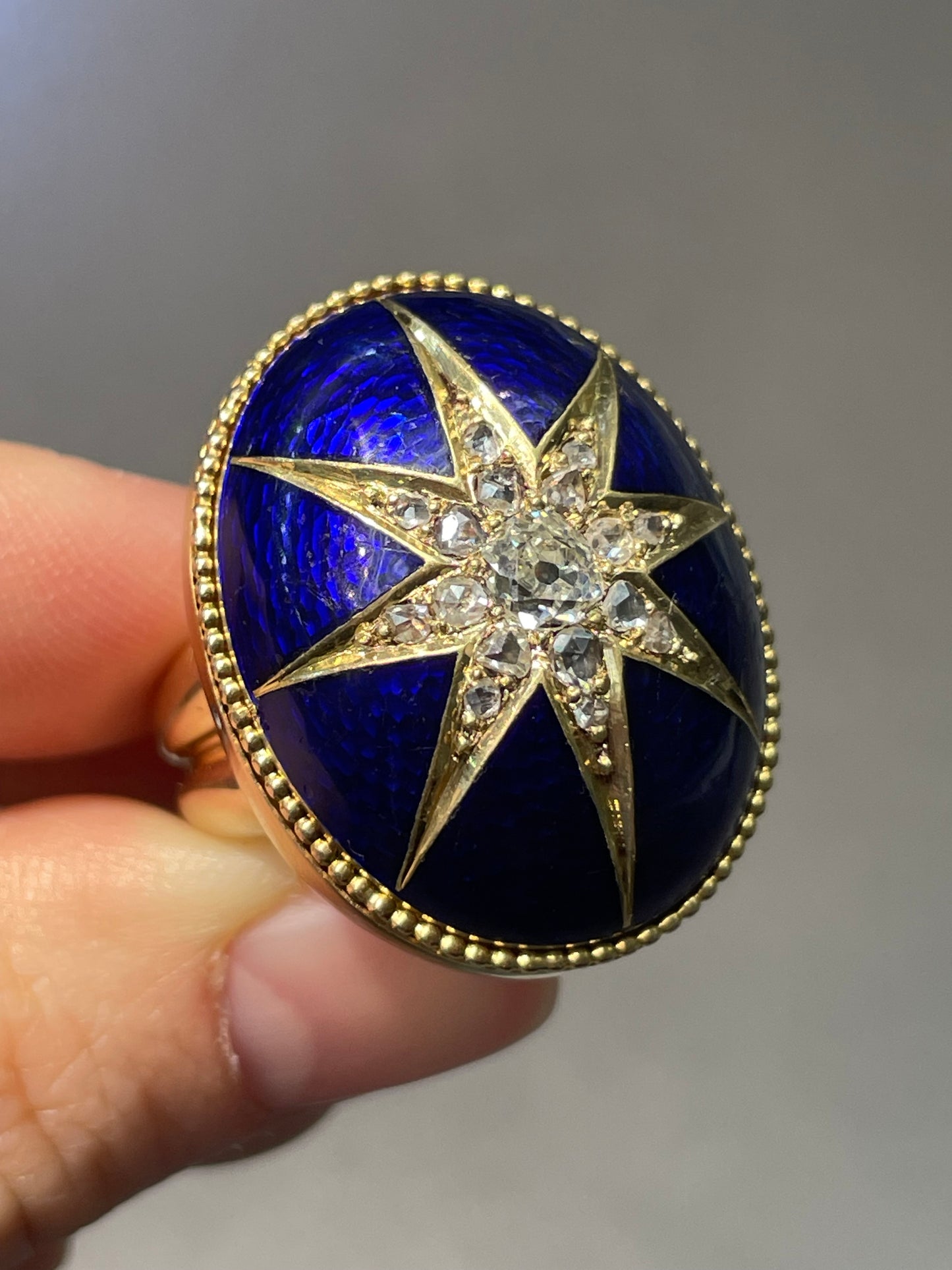 Victorian 14K Yellow Gold 0.95 CTW Diamond Blue Guilloche Enamel Starburst Ring