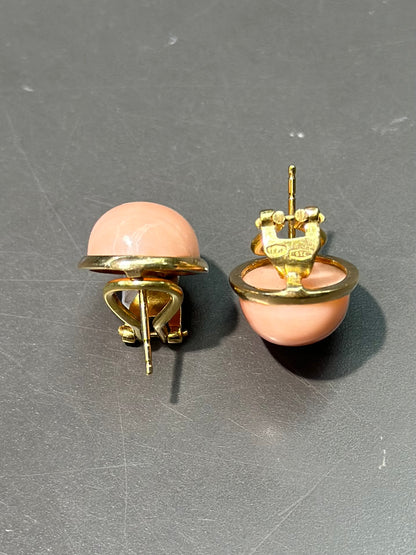 Vintage 18K Gold Angel Skin Coral Cabochon Earring