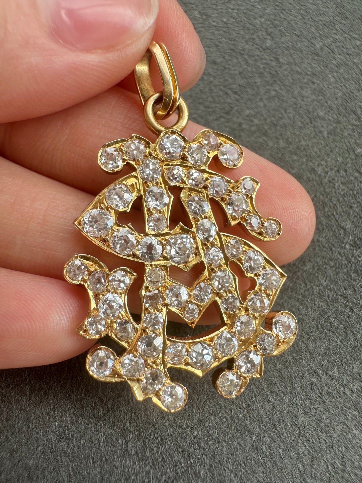 Edwardian 14K Gold Old Mine Cut Diamond Monogram “A” “S” Pendant