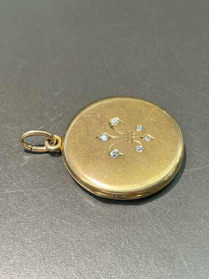 Antique 14K Gold 0.18 CTW Diamond Fleur De Lis Locket Pendant