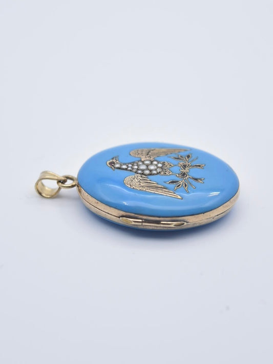 Victorian 14K Gold Enamel Seed Pearl Eagle Pendant Locket