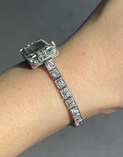 Art Deco Platinum Diamond Emerald Watch Bracelet