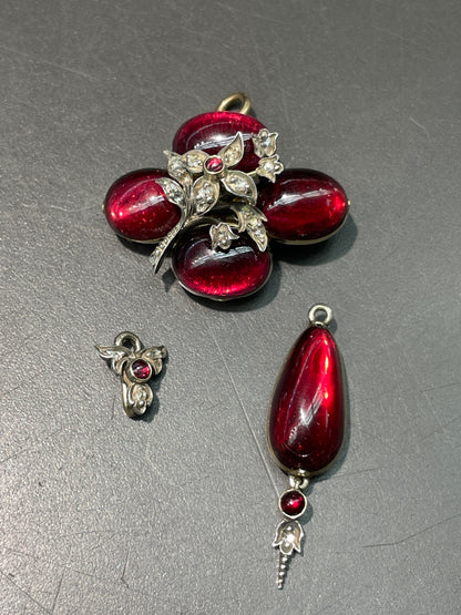 Antique Victorian 14K Gold Silver Diamond Garnet Pendant Brooch