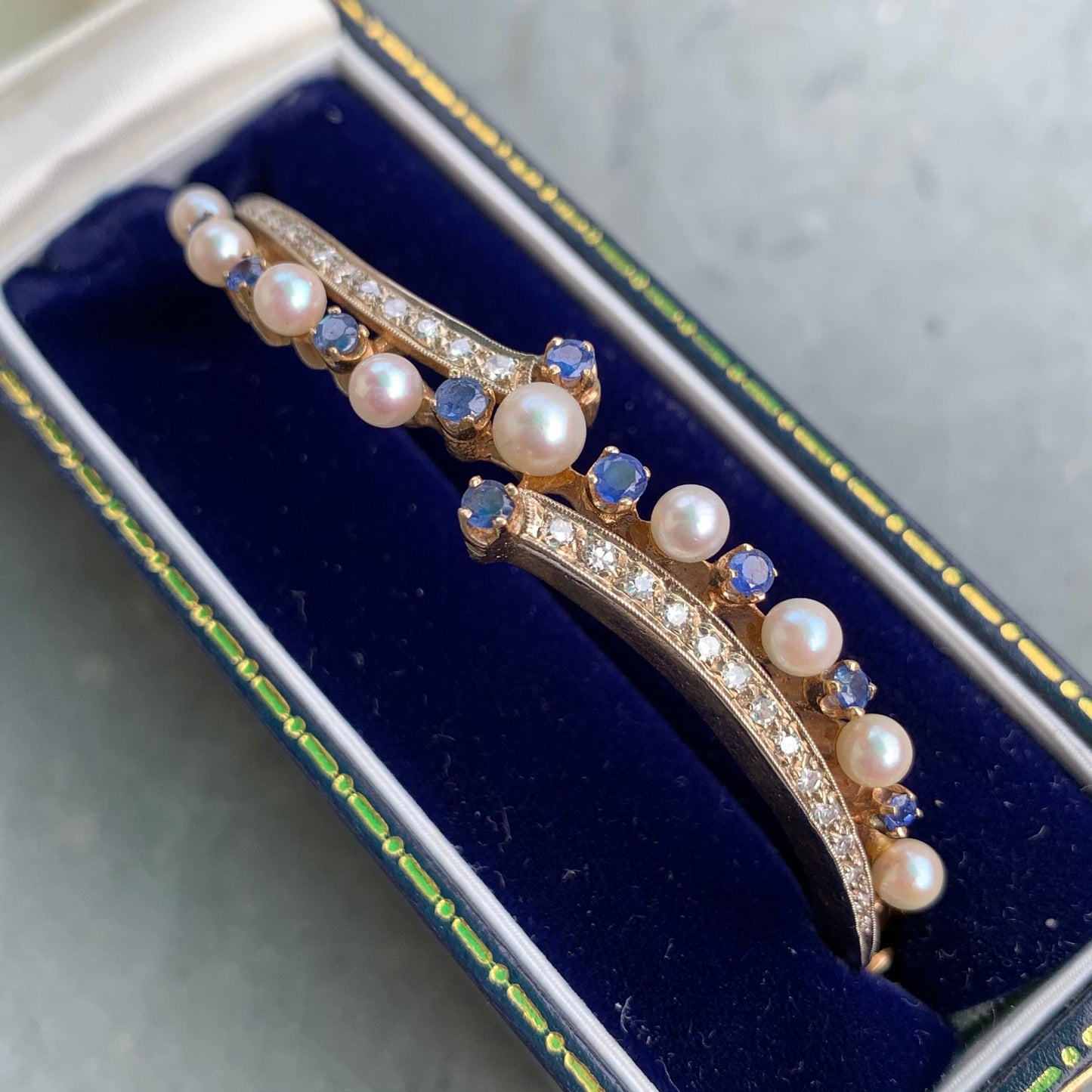 Antique 14K Gold Natural Sapphire Pearl Diamond Bangle