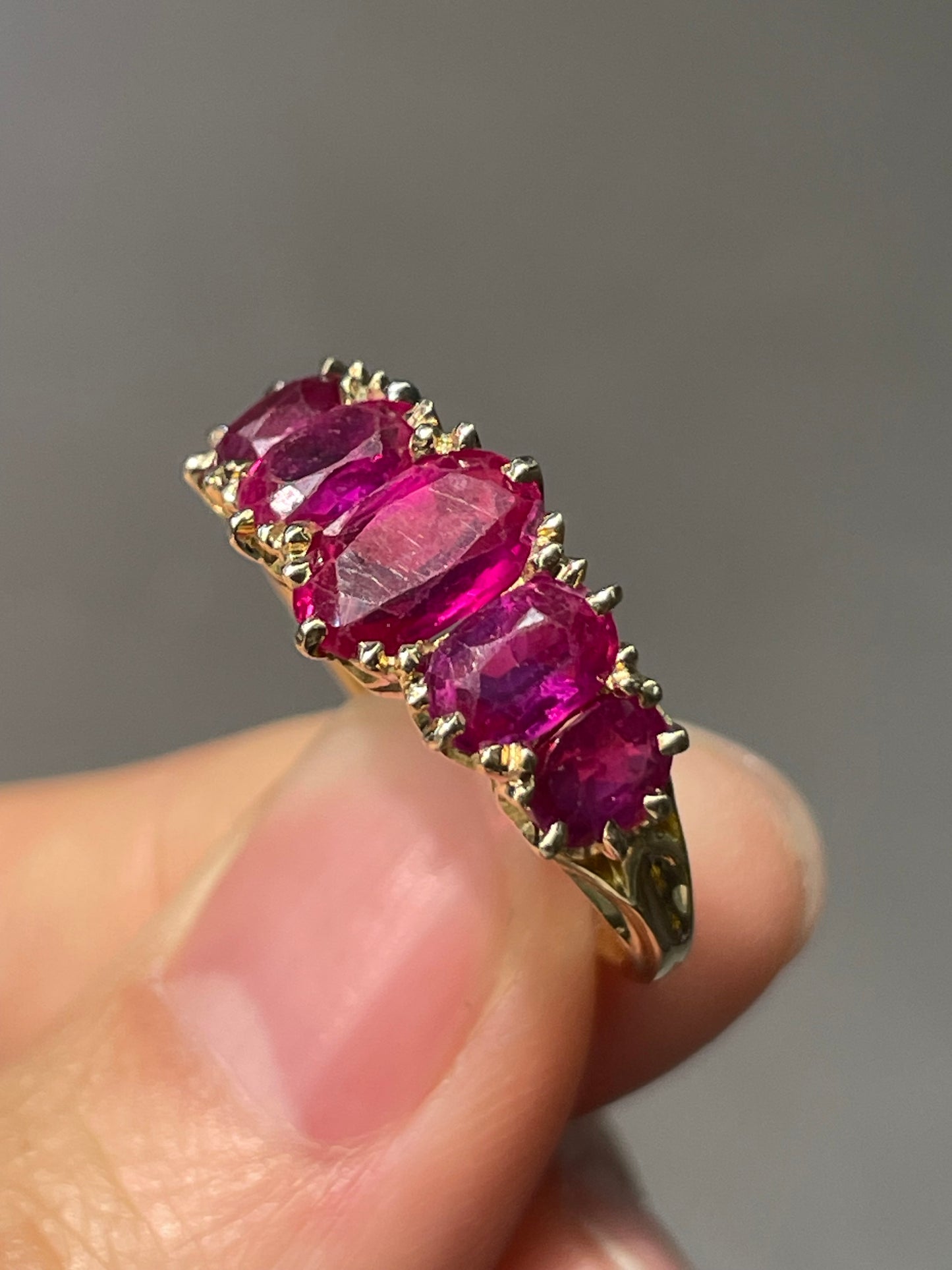 Antique 18K Yellow Gold 2.59 CTW Burmese Five Stone Ruby Ring