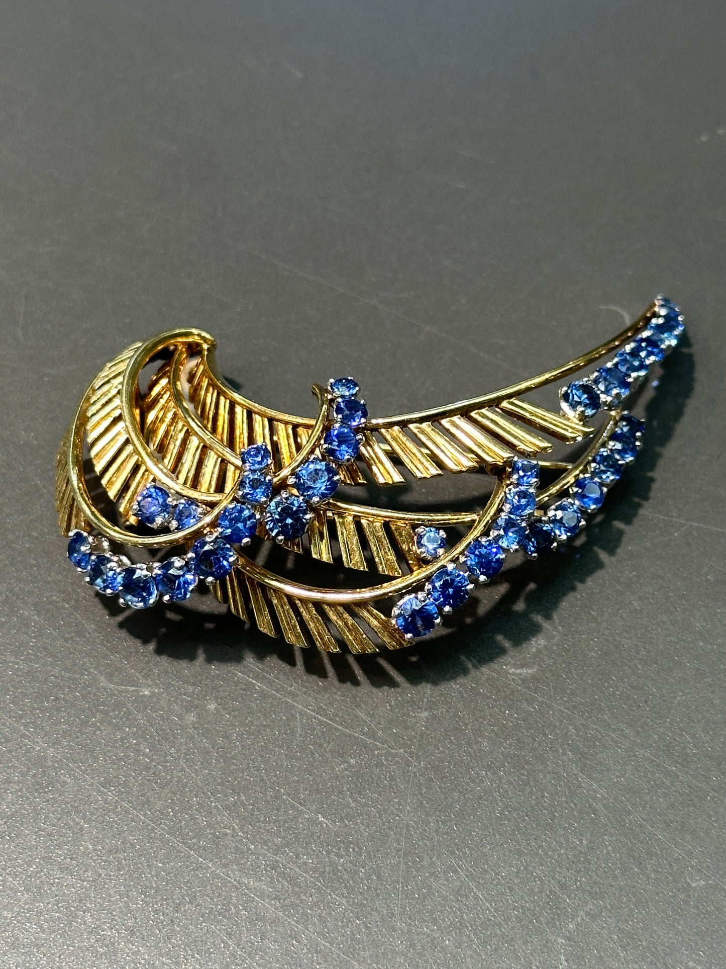 French 18K Gold Platinum Natural Sapphire Clip Brooch