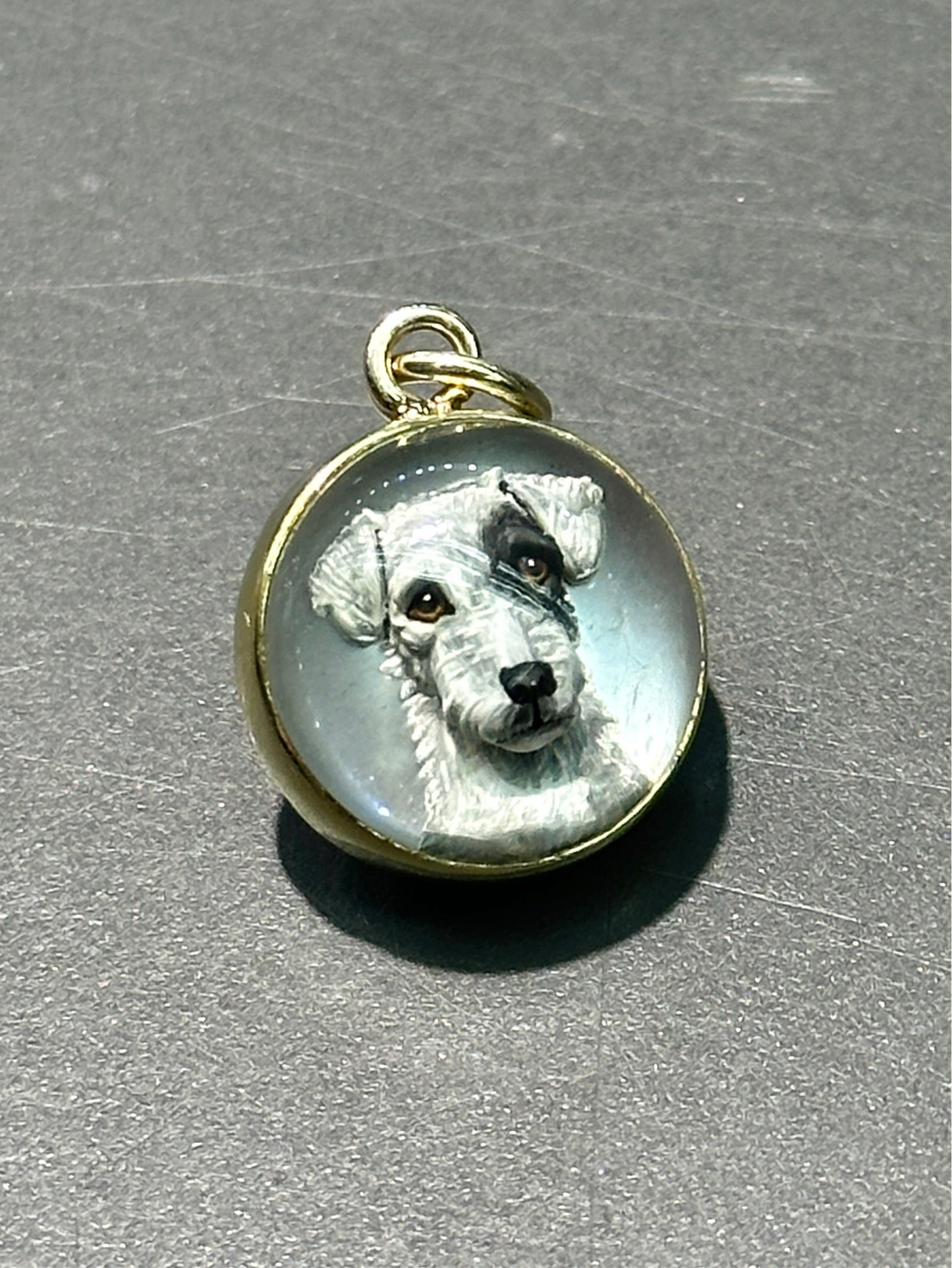 Antique 14K Gold Reverse Painted Essex Crystal Terrier Dog Pendant