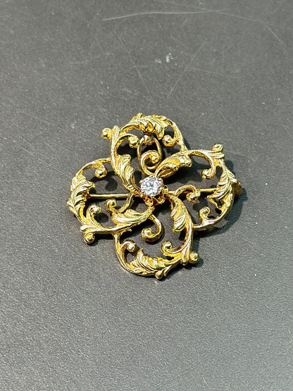 Art Nouveau 14K Gold Diamond Motif Brooch Pendant