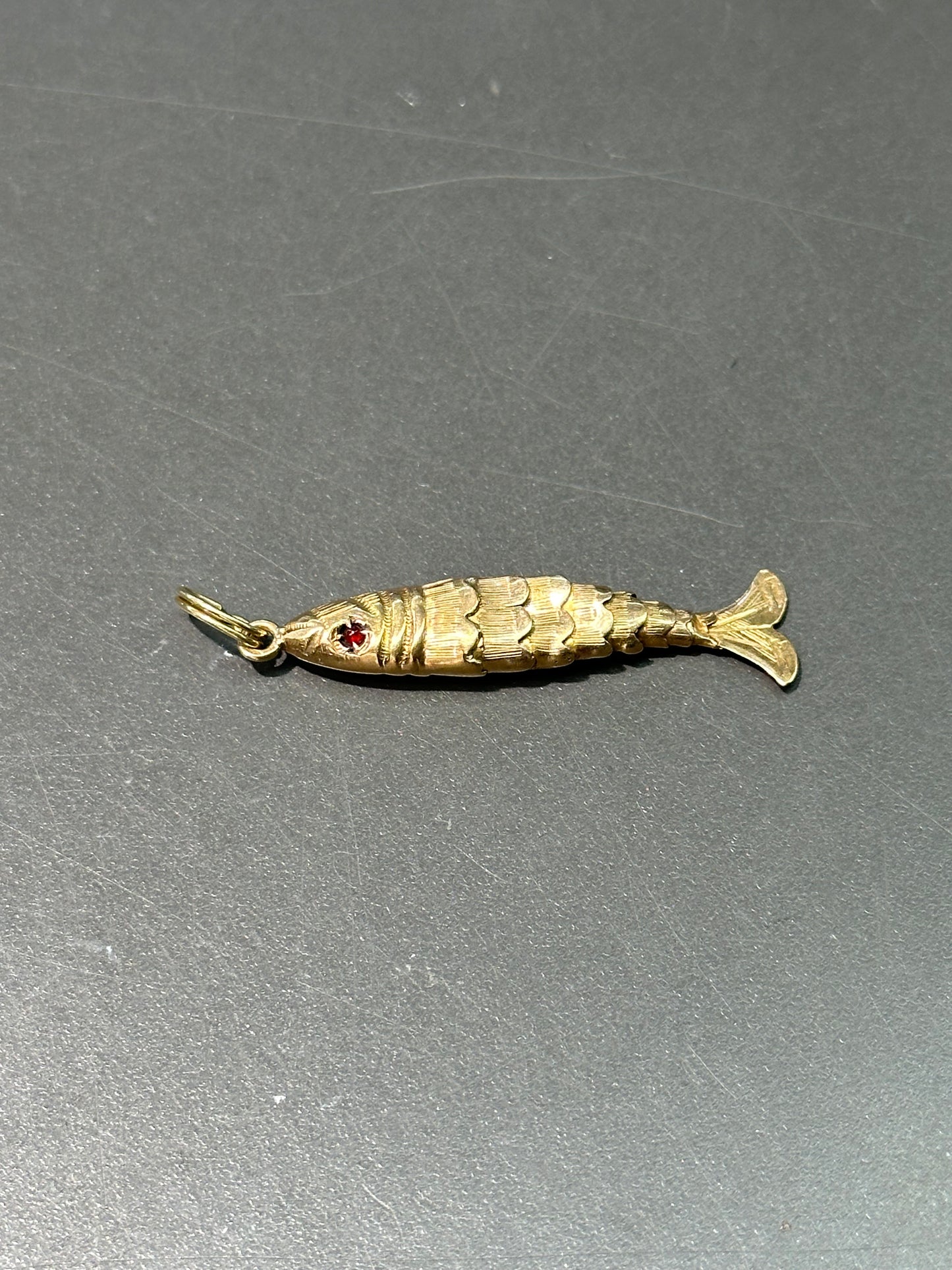 Vintage 14K Gold Garnet Articulating Fish Charm