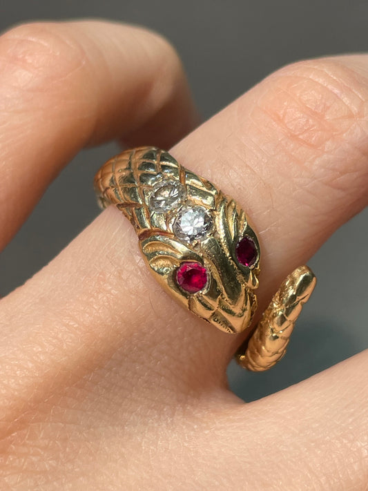 Vintage 14K Yellow Gold 0.26 CTW Diamond Ruby Snake Ring