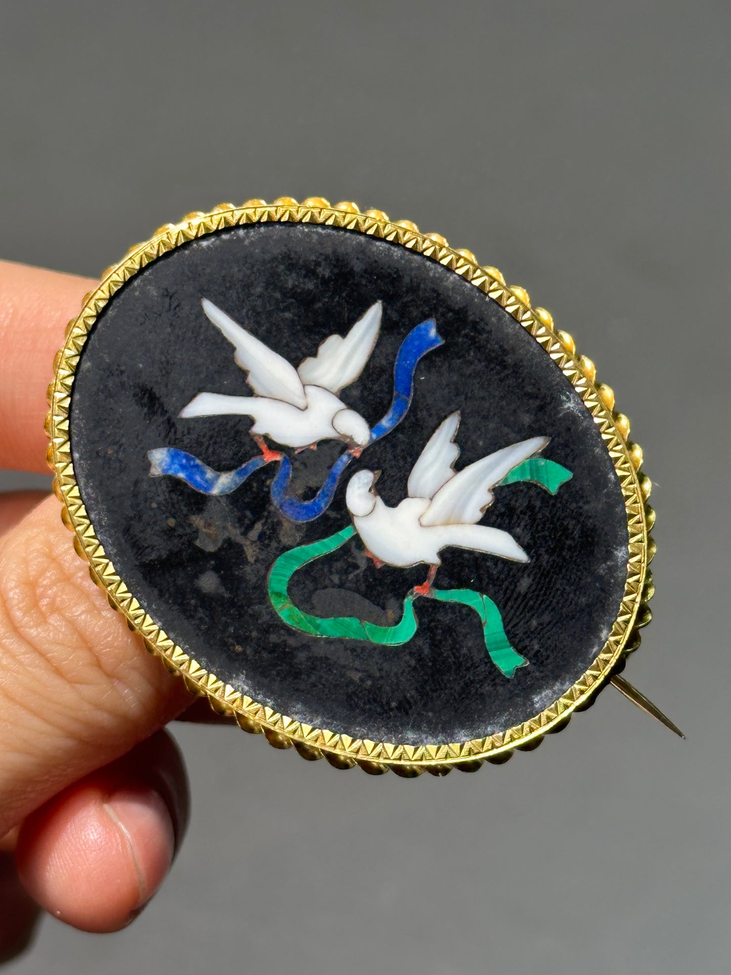 Antique French 18K Yellow Gold Dove Ribbon Pietra Dura Brooch