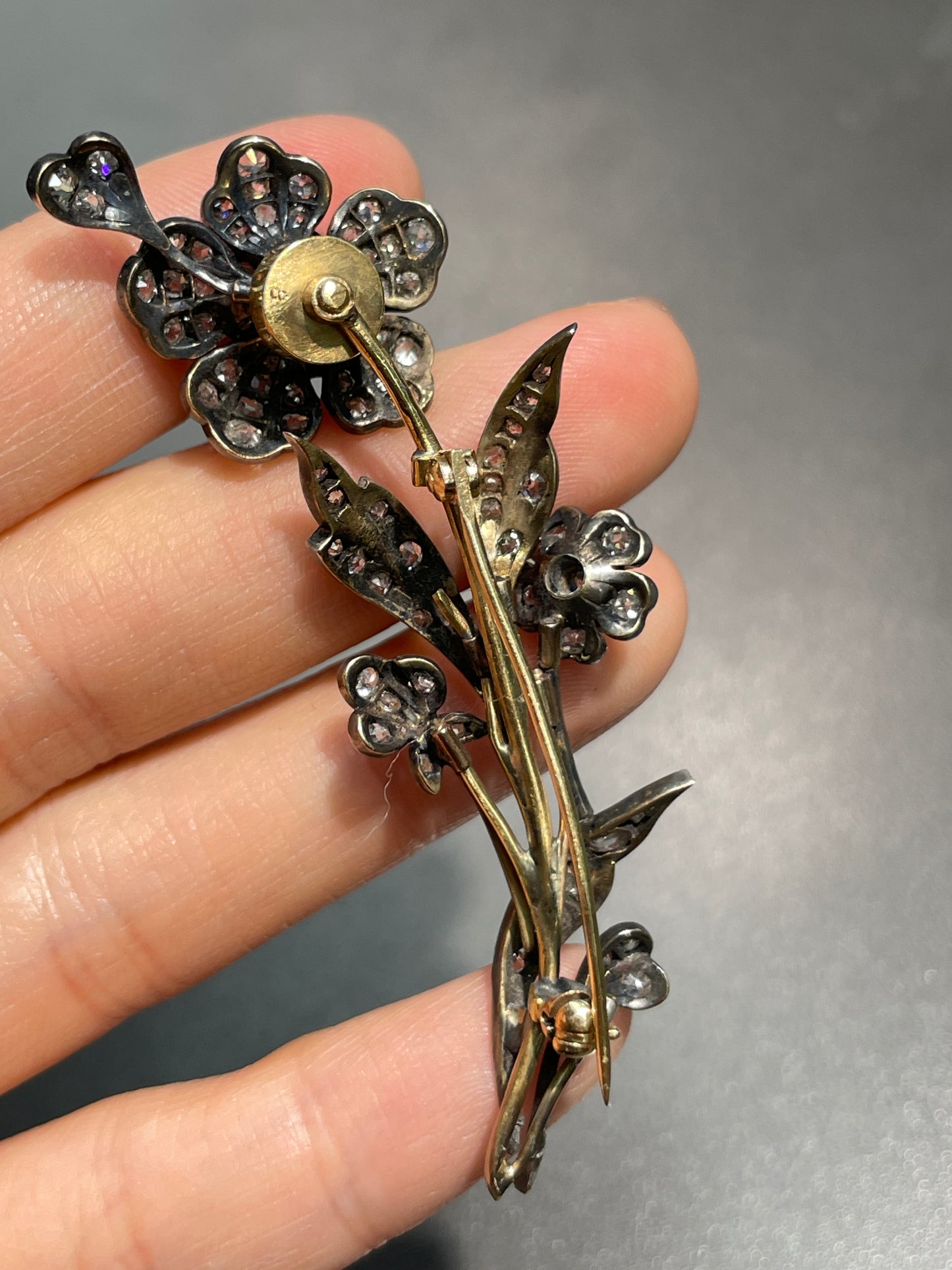 Antique 14K Topped Silver 3.34 CTW Diamond Flower Tremblant Brooch