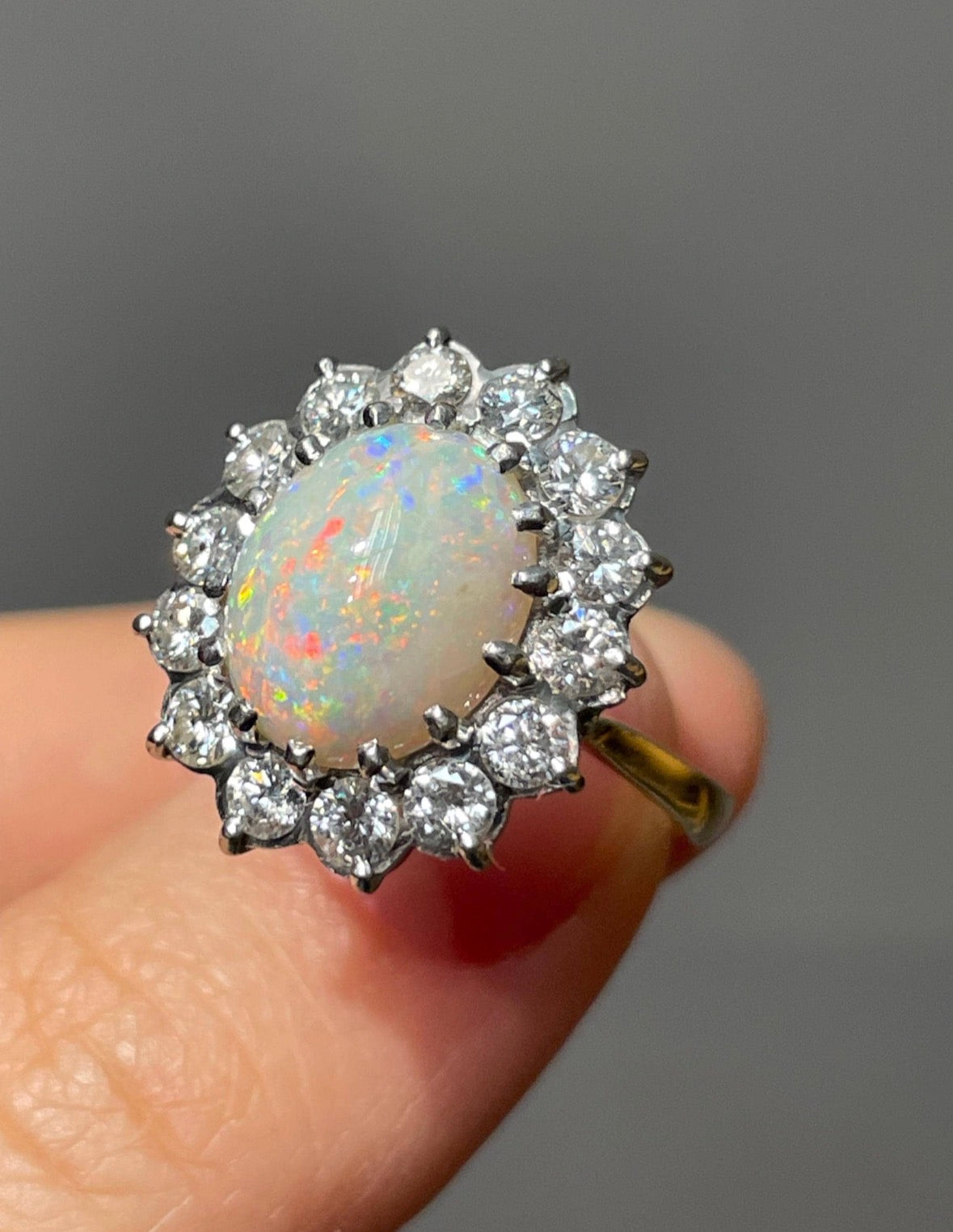 Vintage 18K Yellow Gold 1.12 CTW Opal Diamond Halo Ring