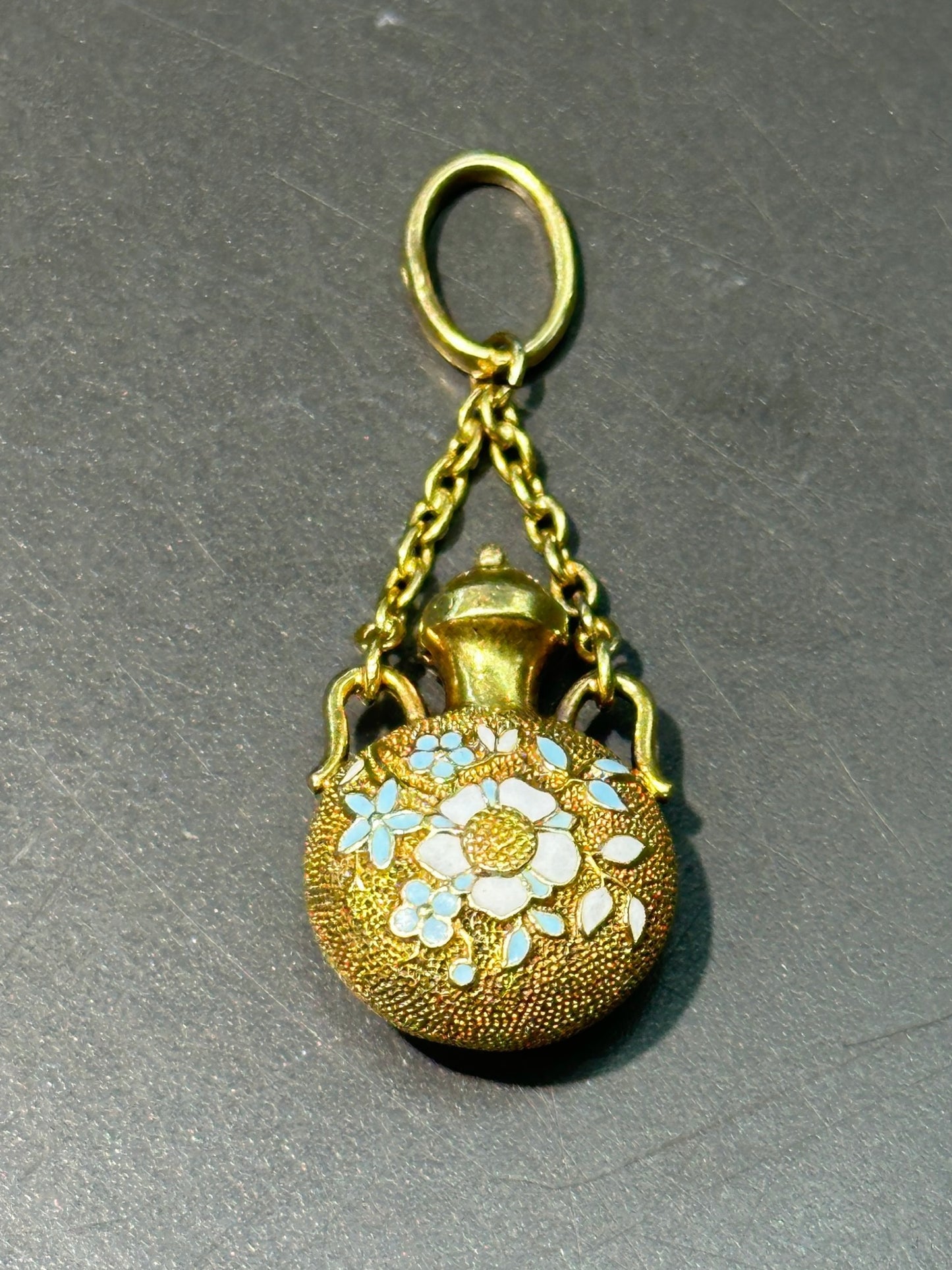 Antique French 18K Gold Diamond Floral Enamel Motif Perfume Bottle Pendant