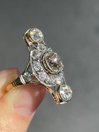 Antique 18K Gold 3.56 CTW Diamond Three Stone Vertical Ring