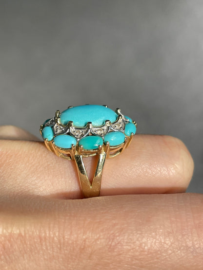 Vintage 14K Gold Turquoise Diamond Cluster Halo Ring