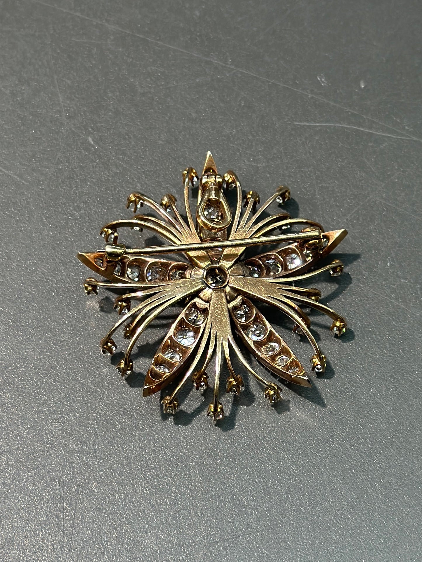 Victorian 14K Gold Diamond Star Flower Brooch Pendant