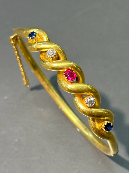 古董 18K 金天然蓝宝石钻石红宝石手镯