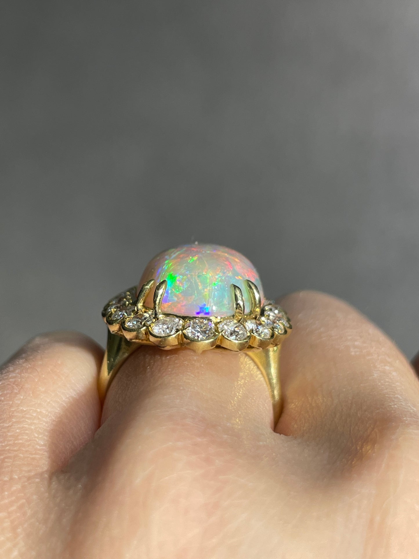 18K Gold Australian Opal Diamond Halo Ring