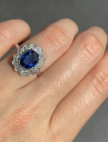 Edwardian Platinum 1.73 CTW Heated Ceylon Sapphire Diamond Halo Ring