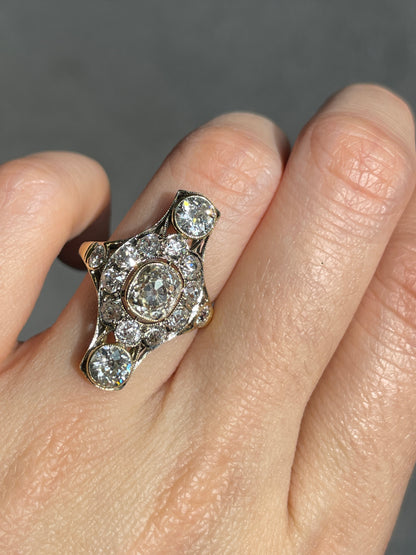 Antique 18K Gold 3.56 CTW Diamond Three Stone Vertical Ring