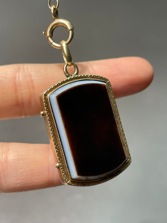 Antique 14K Yellow Gold Banded Agate Double Sided Locket