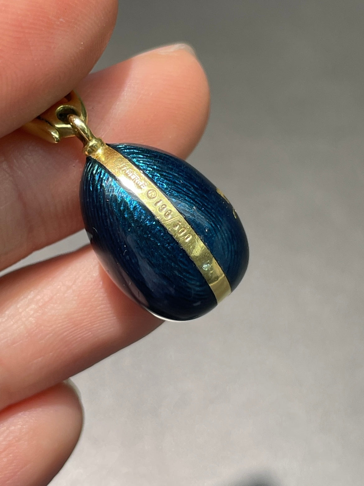 Fabergé 18K Gold Enamel Equestrian Guilloche Egg Pendant