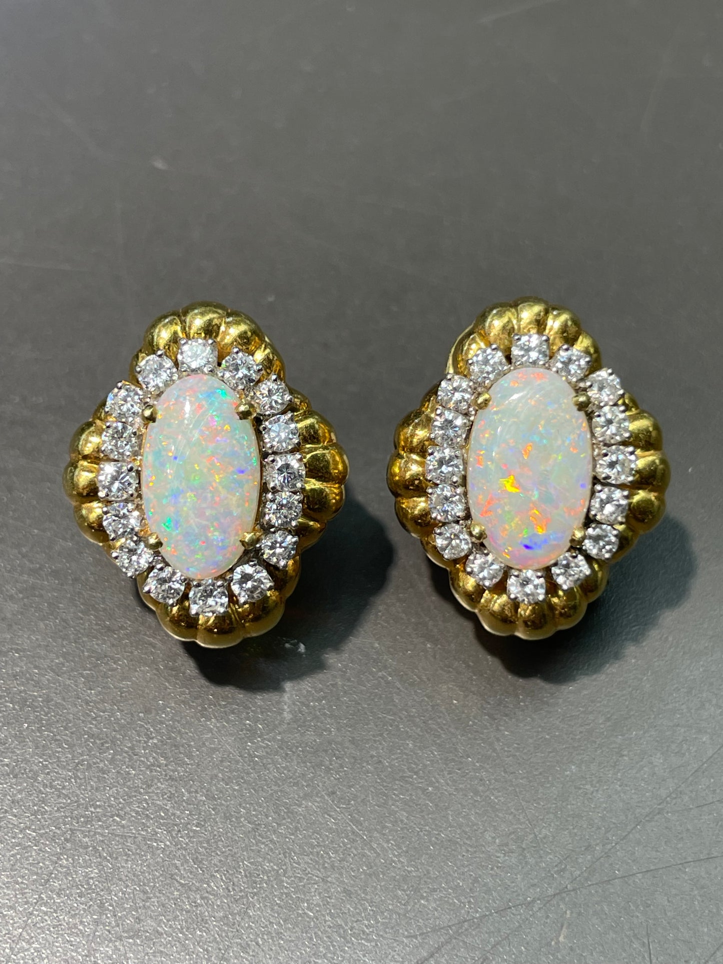 Vintage 18K Yellow Gold Opal 1.6 CTW Diamond Halo Earrings
