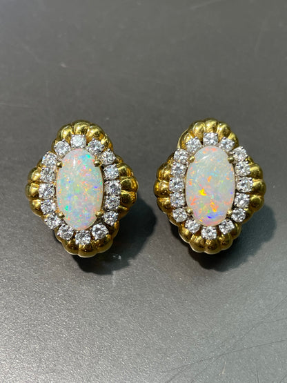 Vintage 18K Yellow Gold Opal 1.6 CTW Diamond Halo Earrings