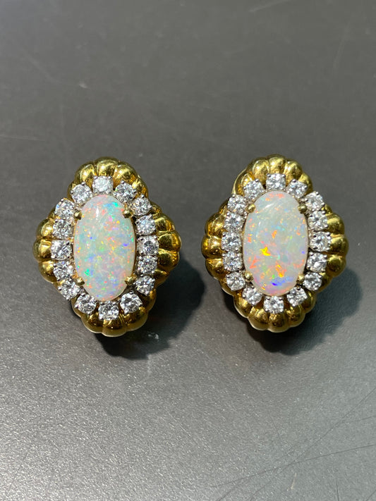Vintage 18K Yellow Gold Opal 1.6 CTW Diamond Halo Earrings
