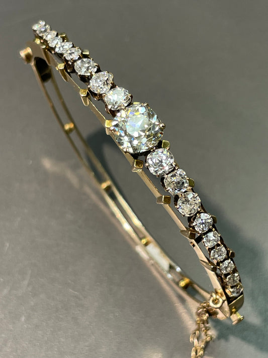 Antique 14K Yellow Gold 5.05 CTW Old Mine Cut Diamond Bangle