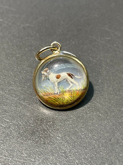 古董 14K 金反向彩绘埃塞克斯水晶“杰克罗素梗犬”吊坠饰品