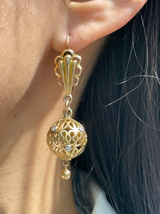 Retro 18K Gold Diamond Orb Drop Earring