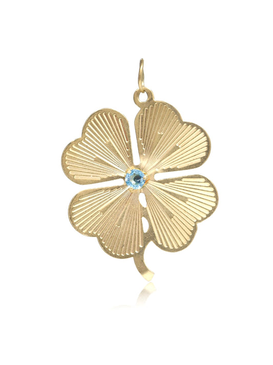Vintage 14K Gold Large Topaz Engine Turned Clover Charm