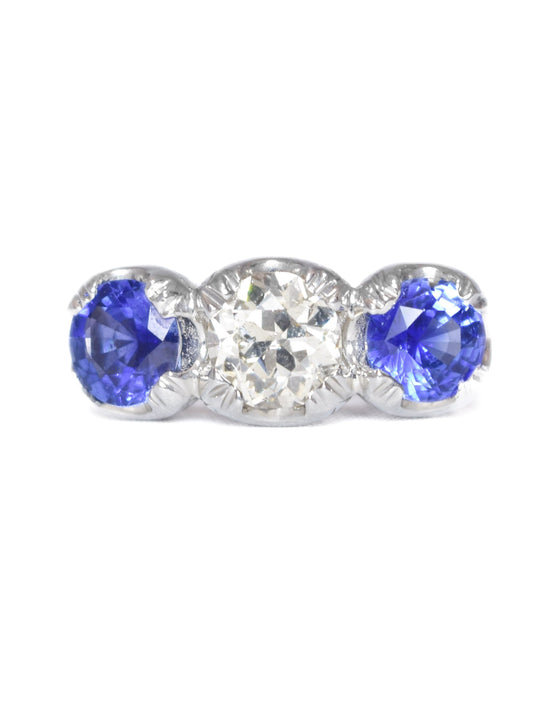 Platinum 1.41 CTW Diamond Ceylon Sapphire Three Stone Ring