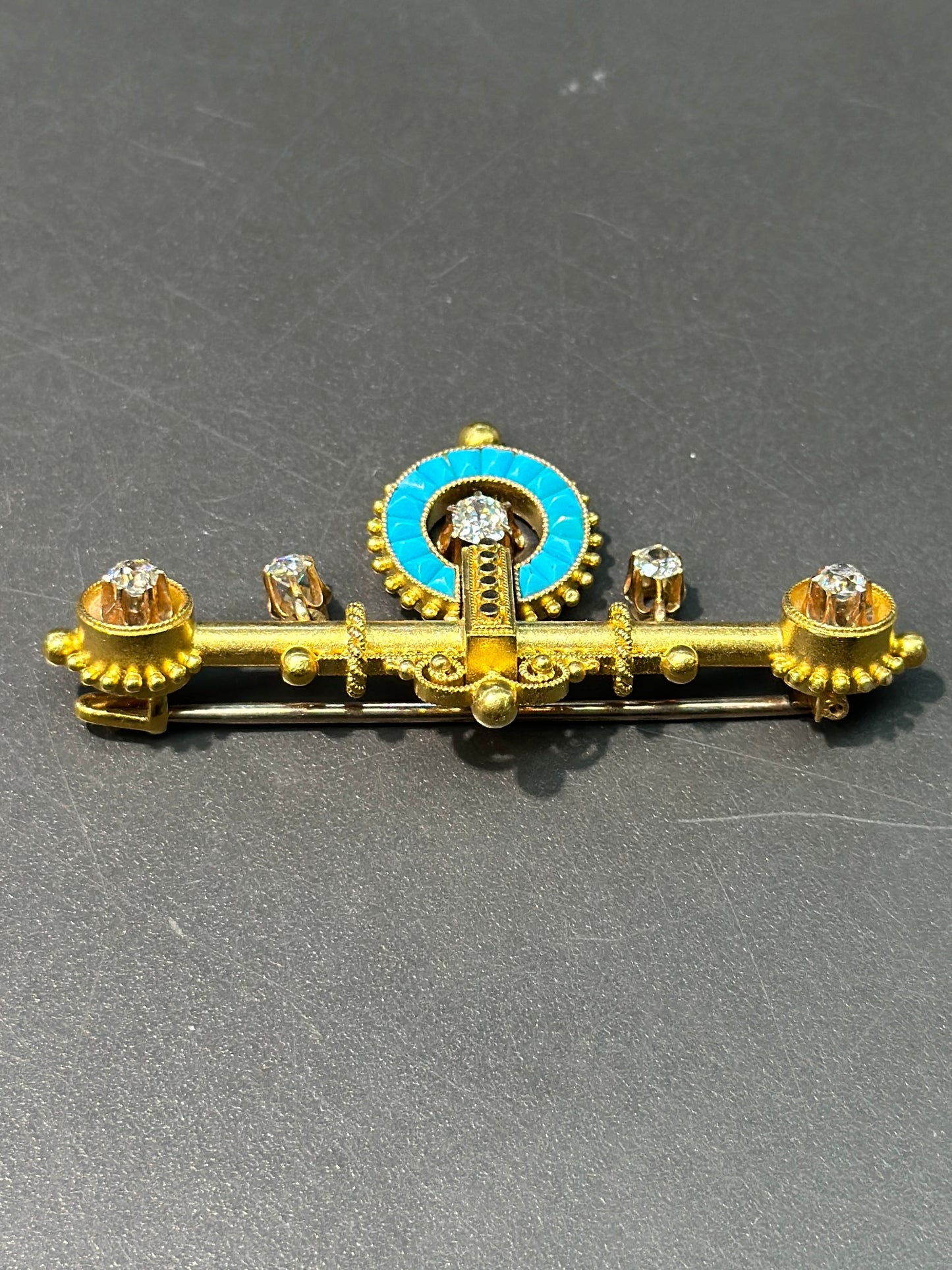 维多利亚伊特鲁里亚复兴 14K 金绿松石钻石胸针