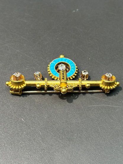 维多利亚伊特鲁里亚复兴 14K 金绿松石钻石胸针