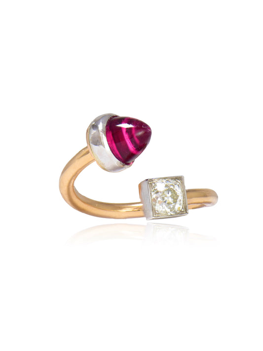 Platinum 14K Gold Garnet Old Mine Cut Diamond Toi Et Moi Ring