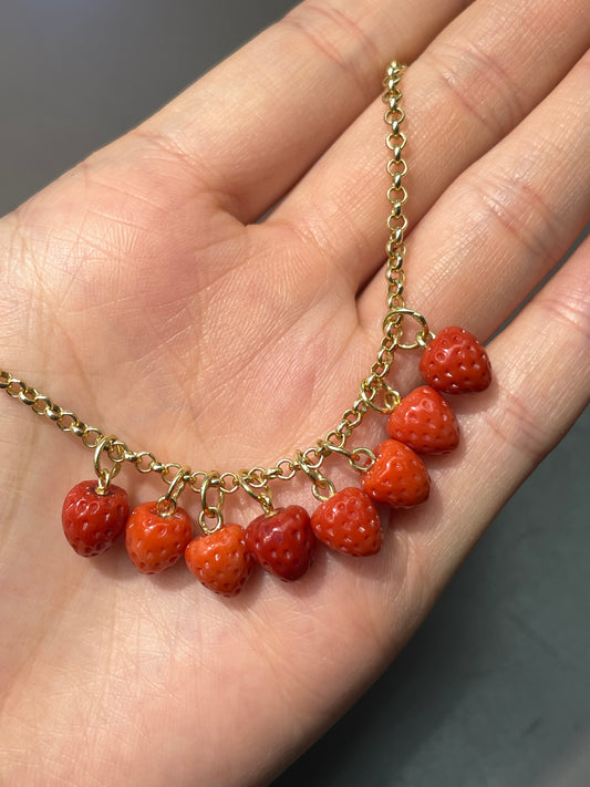 18K Gold Small Coral Carved Strawberry Charm