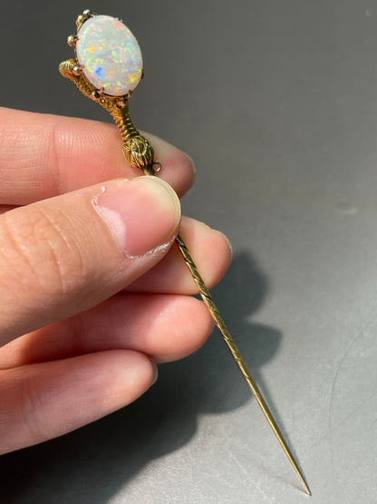 Antique Victorian 14K Yellow Gold Large Opal Eagle Claw Stick Pin