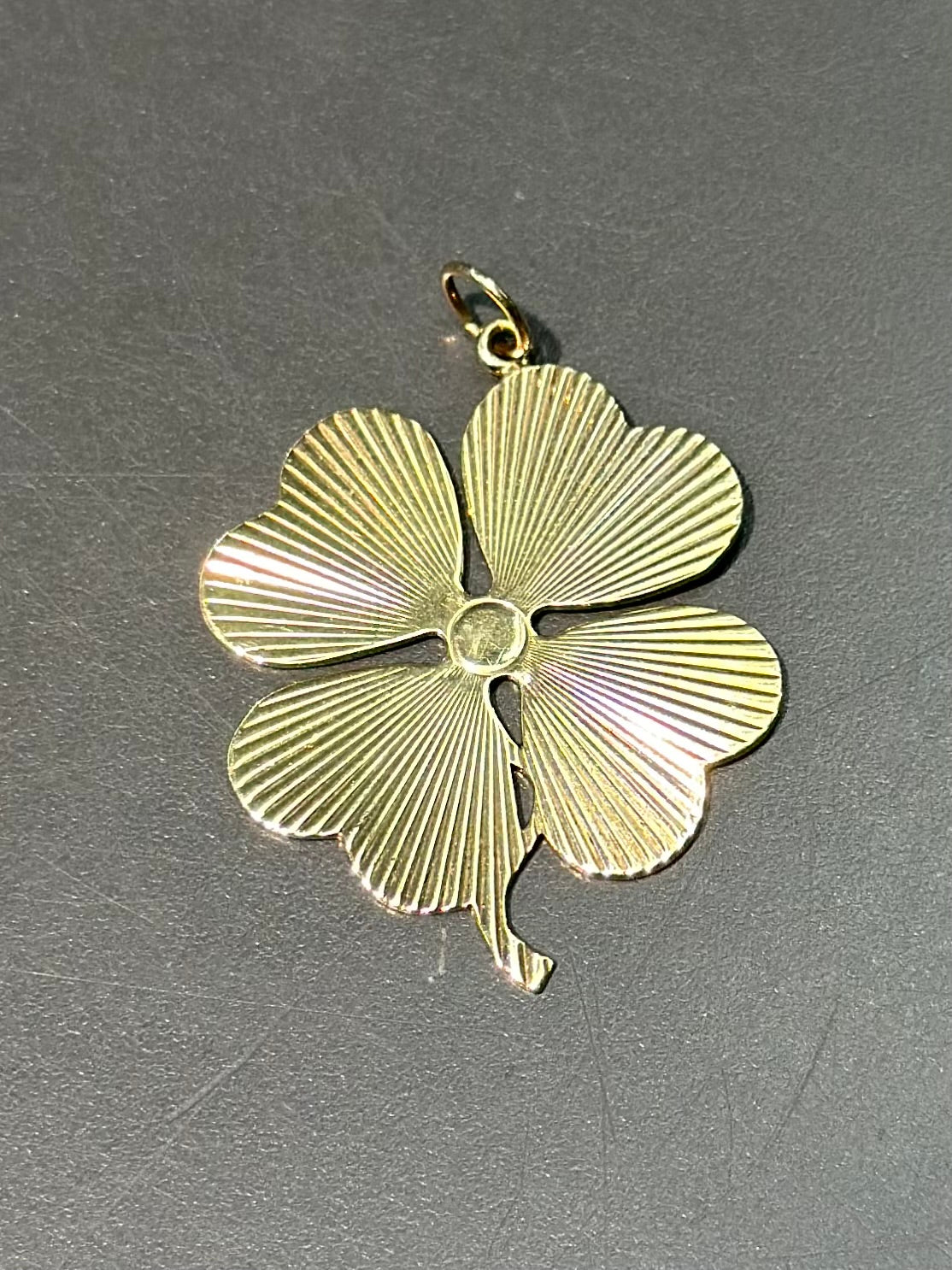 Vintage 14K Gold Large Engine Turned Four Leaf Clover Pendant