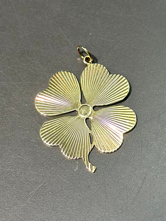 vintage 14K Or Grand Moteur Tourné Pendentif Trèfle à Quatre Feuilles