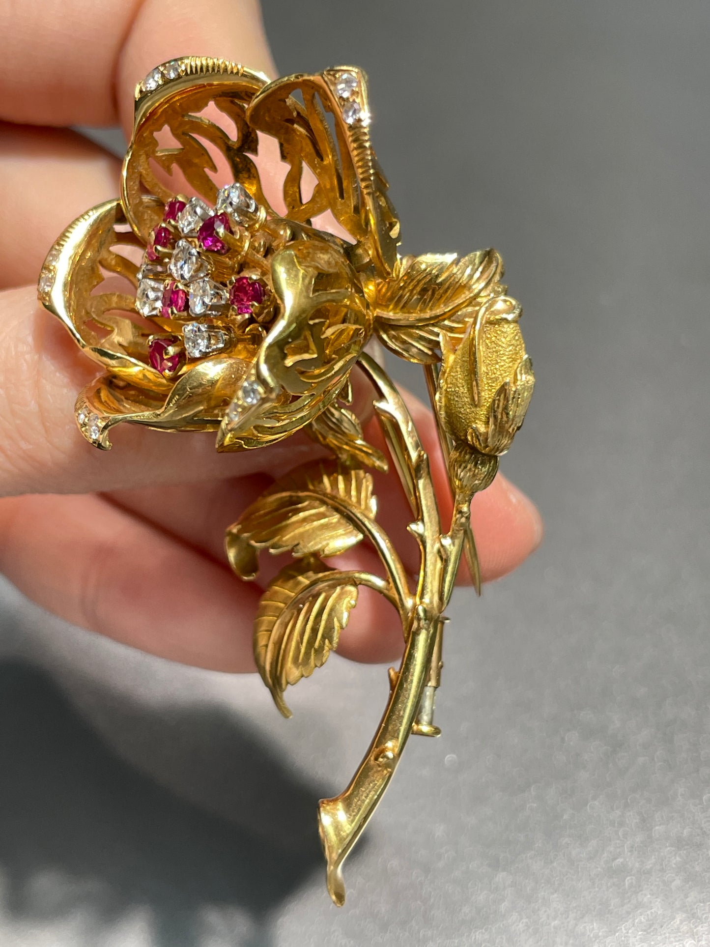 French 18K Gold Ruby Diamond En Tremblant Flower Brooch