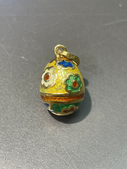 Vintage 18K Yellow Gold Floral Enamel Egg Charm Pendant