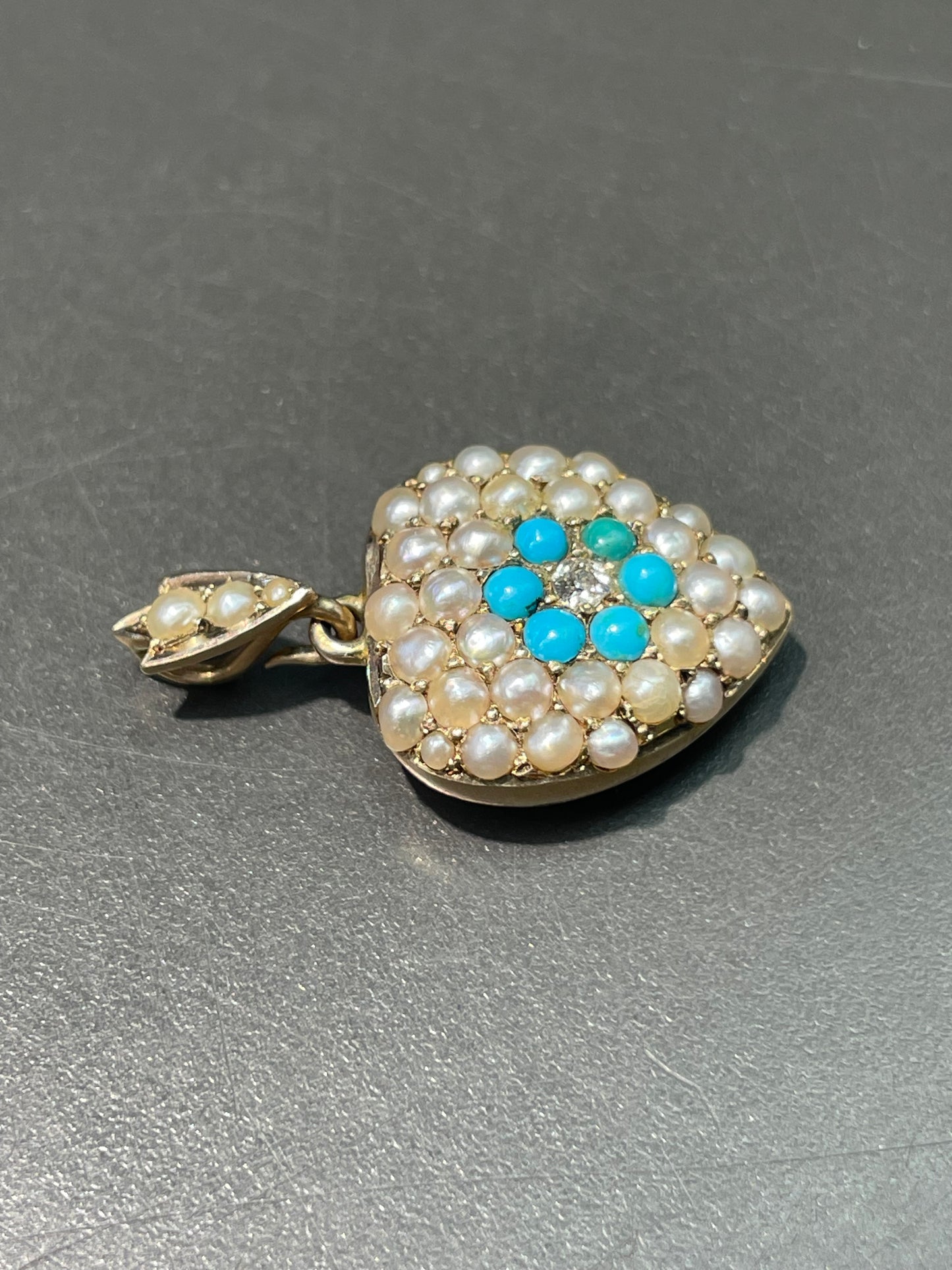 Antique Victorian 15K Yellow Gold Turquoise Pearl Diamond Heart Pendant