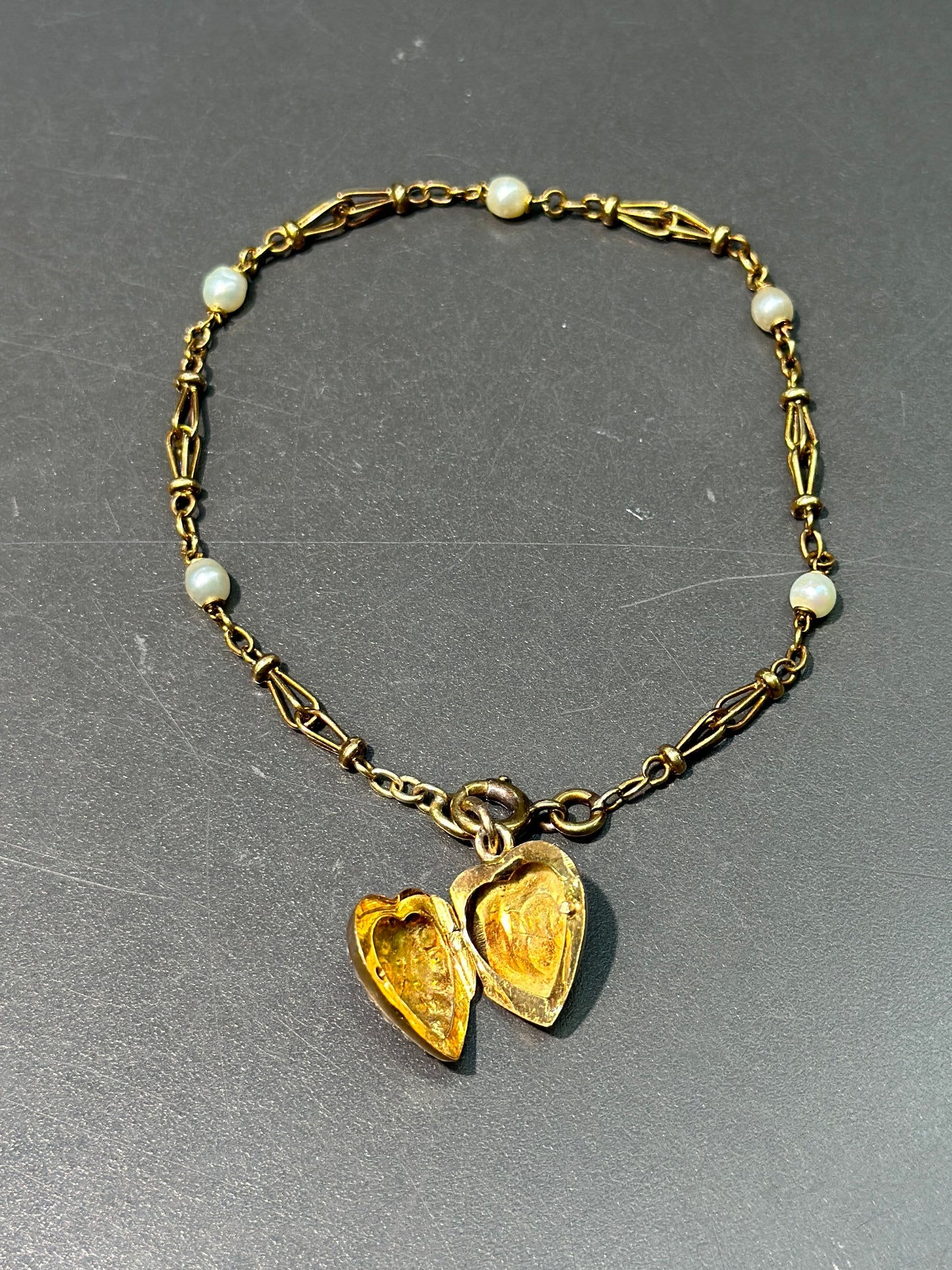 Victorian 18K Gold Seed Pearl Heart Locket Bracelet