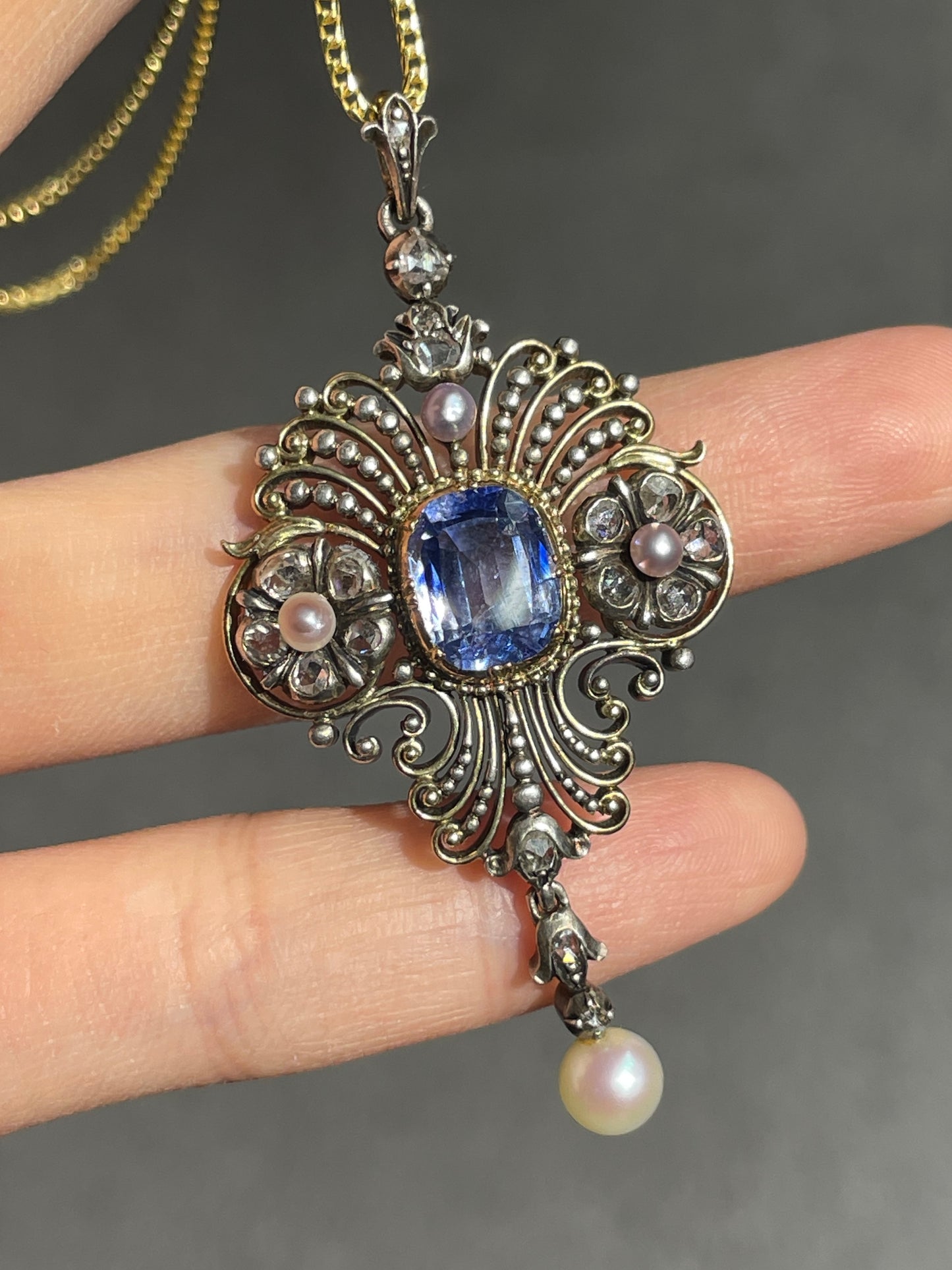 Antique 14K Gold Topped Silver 3.64 CTW GIA No Heat Ceylon Sapphire Diamond Pearl Motif Pendant