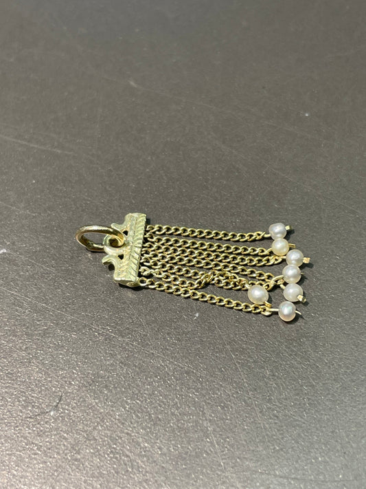 古董 14K 黄金种子珍珠流苏吊坠