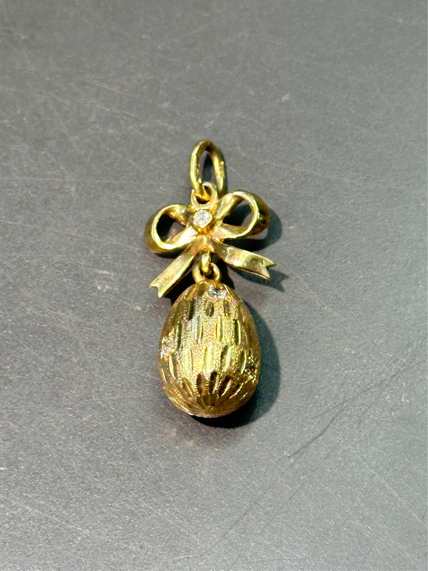 Vintage Imperial Russian 18K Gold Diamond Solid Egg Ribbon Pendant